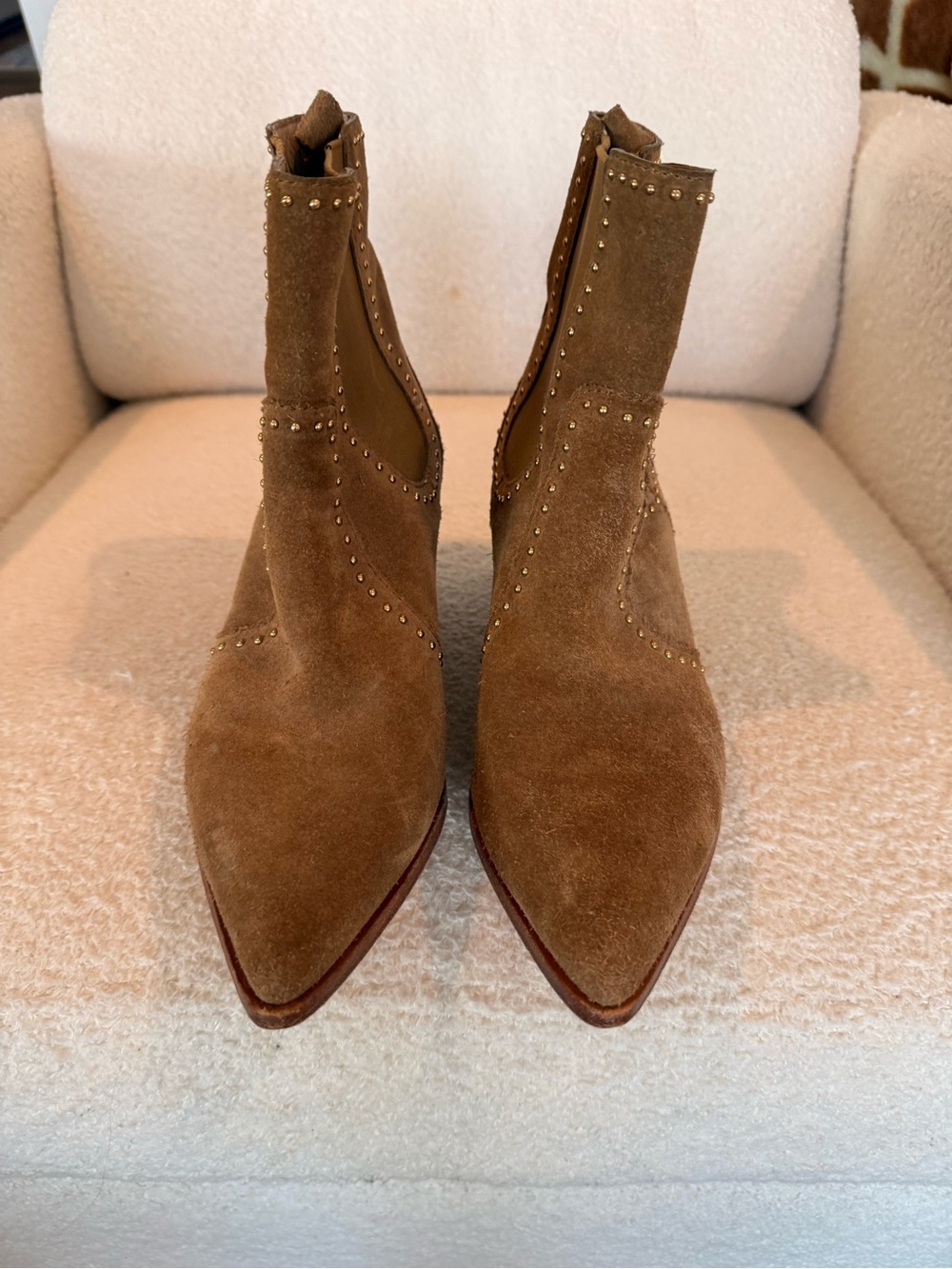 PAIGE Brown Suede Pointed-Toe Studded Ankle Booties
